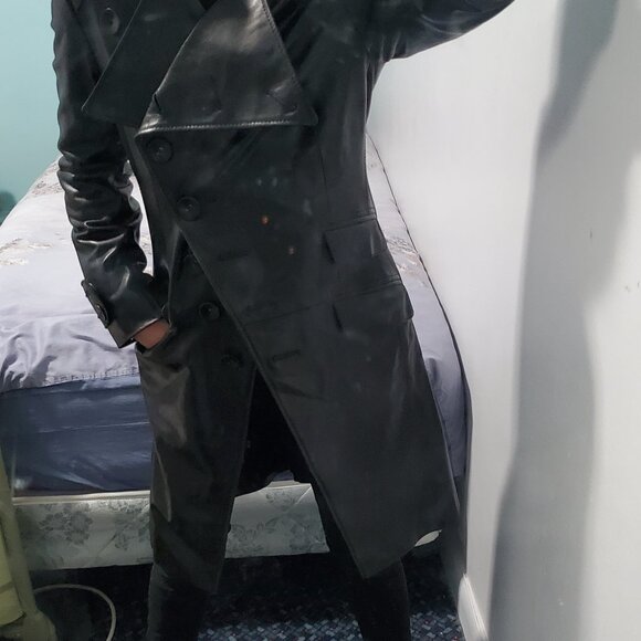 Vintage RUDSAK Black Leather Trench Coat | Double Breasted | Rare Est. 1994 Logo - Picture 5 of 7